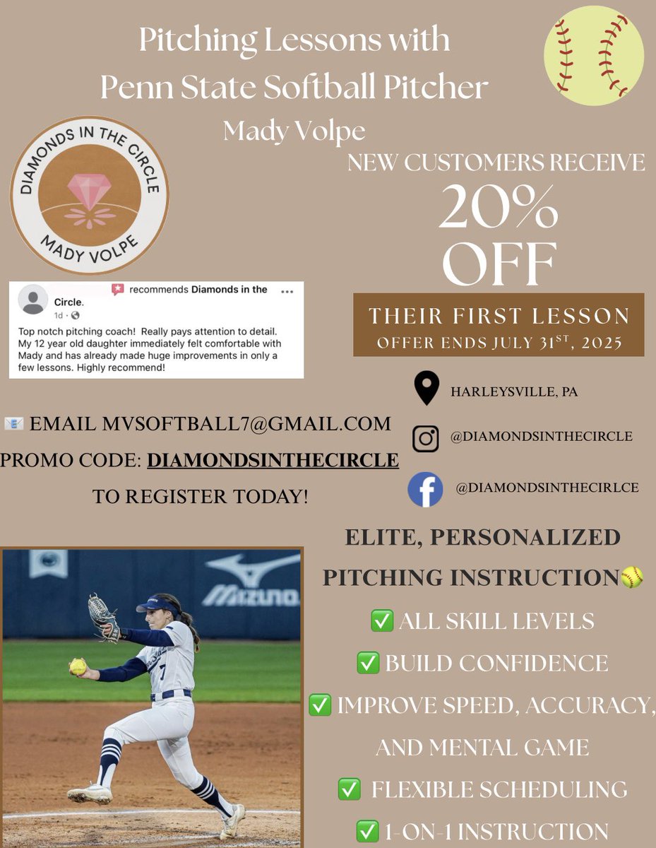 🚨LIMITED TIME OFFER🚨

With Summer Travel Ball Season coming to an end, this is a great opportunity to sharpen your skills and knowledge as a pitcher to prepare for the Fall Season! 
Promo Code: Diamondsinthecircle and receive 20% off your first lesson
Offer ends July 31st, 2025