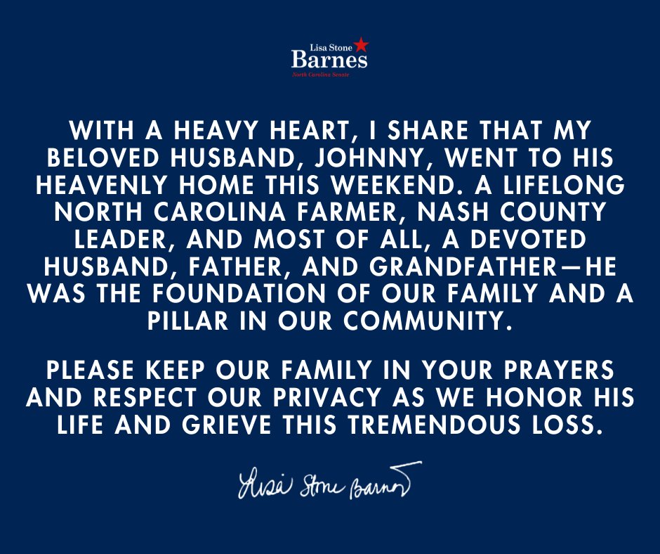 With a heavy heart, I share that my beloved husband, Johnny, went to his heavenly home this weekend. 

#ncpol #ncga
