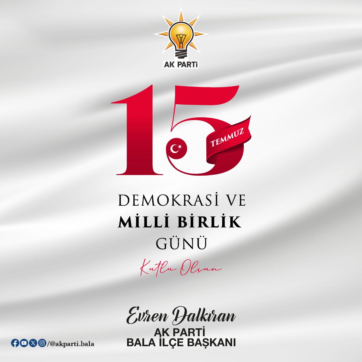 Bu topraklar, bin yıllık kardeşliğin, tek yürek olmuş bir milletin yurdudur.
15 Temmuz’da hainlere karşı Milletimizin Bayrağına ve Ezanına sahip çıktığı gündür. 🇹🇷🇹🇷🇹🇷 Şehit olan vatanseverlerimize Allah'tan rahmet diliyor, gazilerimizi saygıyla anıyoruz.