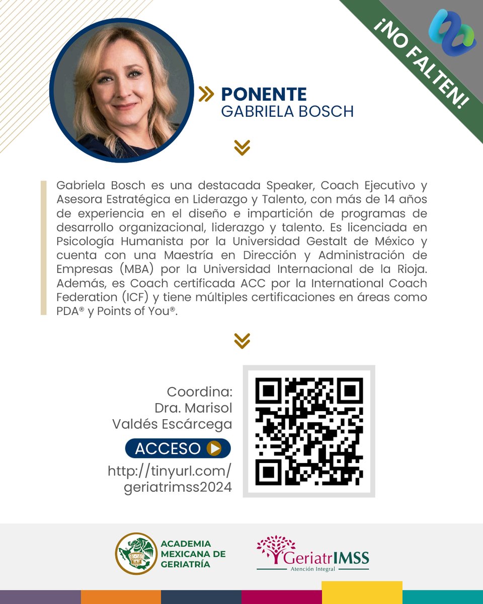 Academia Mexicana de Geriatría AC (@amgeriatriaac) on Twitter photo Quinta sesión del curso “Temas de liderazgo y gestión estratégica”, con el tema “Inteligencia emocional en el liderazgo”, a cargo de Gabriela Bosch, especialista en Liderazgo y Talento.
Jueves 17 de julio de 2025 / 7pm UTC-6
Acceso a la sesión: tinyurl.com/geriatrimss2024 Quinta sesión del curso “Temas de liderazgo y gestión estratégica”, con el tema “Inteligencia emocional en el liderazgo”, a cargo de Gabriela Bosch, especialista en Liderazgo y Talento.
Jueves 17 de julio de 2025 / 7pm UTC-6
Acceso a la sesión: tinyurl.com/geriatrimss2024