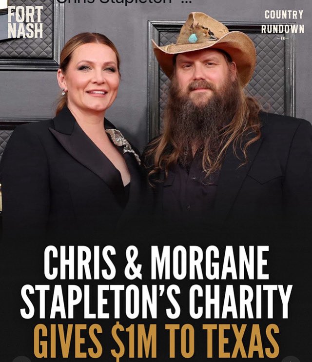Go Country 105 (@gocountry105) on Twitter photo .<a href="/ChrisStapleton/">Chris Stapleton</a> and his wife, Morgane, have donated $1 million to Texas flood relief efforts through their charitable fund, Outlaw State of Kind. They’re amazing… Way to go! #Christine105 .<a href="/ChrisStapleton/">Chris Stapleton</a> and his wife, Morgane, have donated $1 million to Texas flood relief efforts through their charitable fund, Outlaw State of Kind. They’re amazing… Way to go! #Christine105