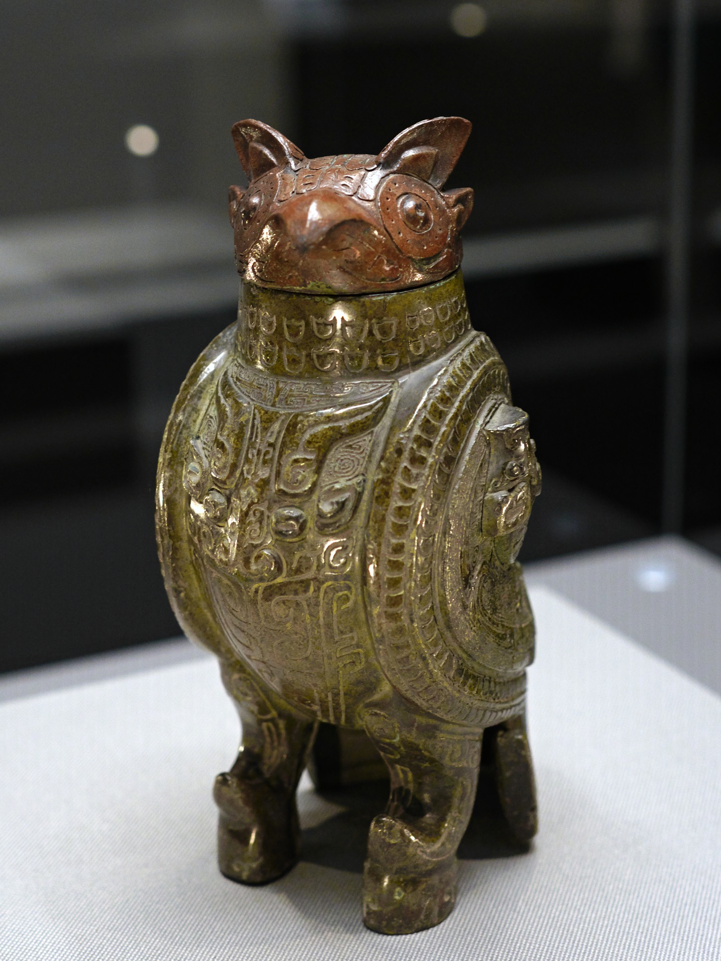 大型青銅製 金工細工 商代『婦好尊鴞』梟形の酒つぼ/オブジェ 茶道具