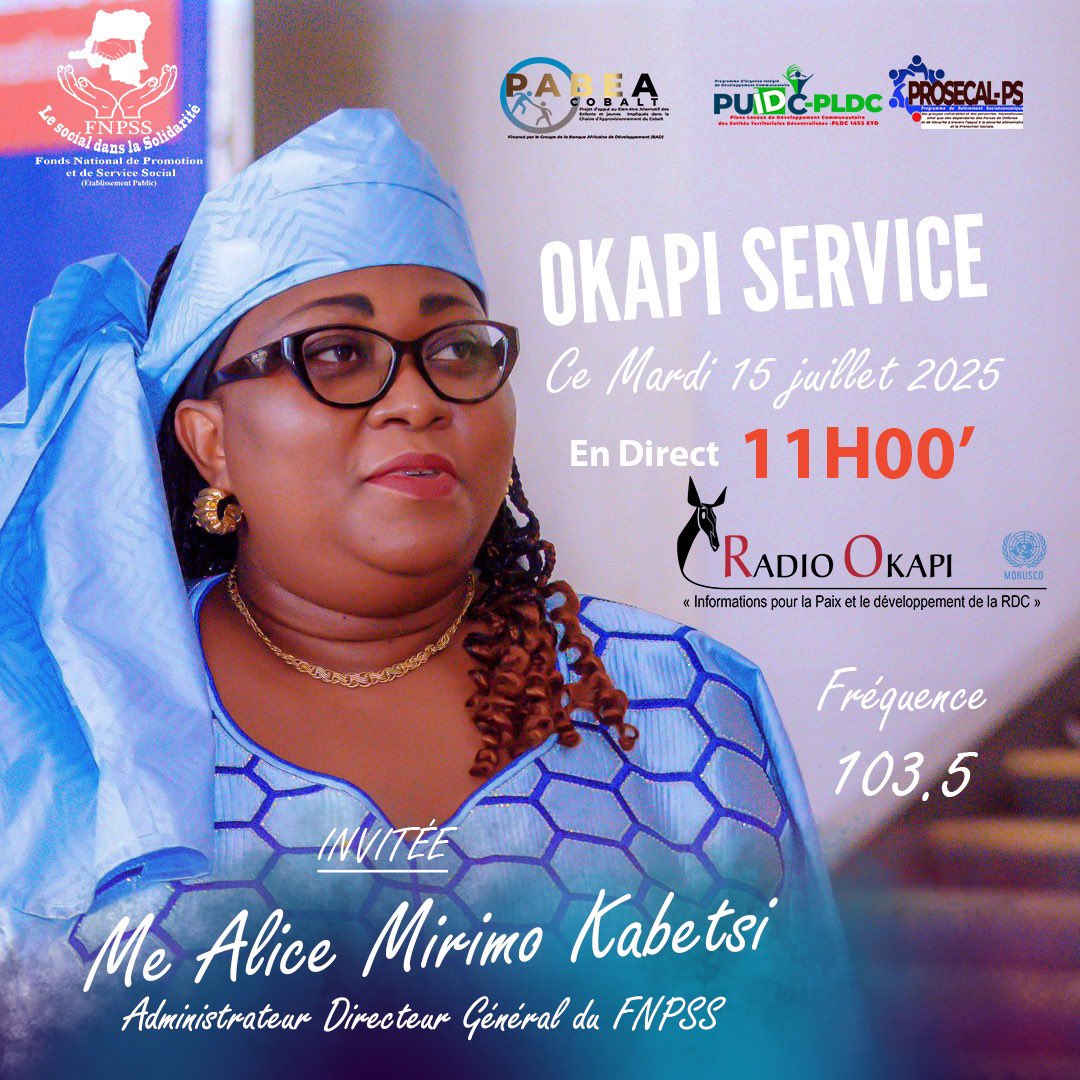 Ne ratez pas le passage de Me <a href="/alice_mirimo/">Alice Mirimo</a> sur les Antennes de la <a href="/radiookapi/">Radio Okapi</a> ce mardi 15 juillet à 11h00’. Elle va nous parler du Plan Opérationnel 2024-2028 du FNPSS pour appuyer le nouveau quinquennat du Président de la République 🔥