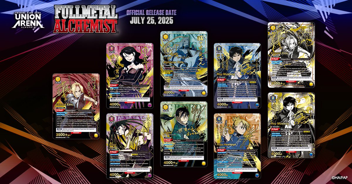 [Poll]
The new #FullMetalAlchemist [UE09BT] Booster Pack includes 9 foil stamped signature cards, complete with iconic character lines! 🖊️✨
Which signed card would you want to pull the most? 👀✨

#UNIONARENA_EN
