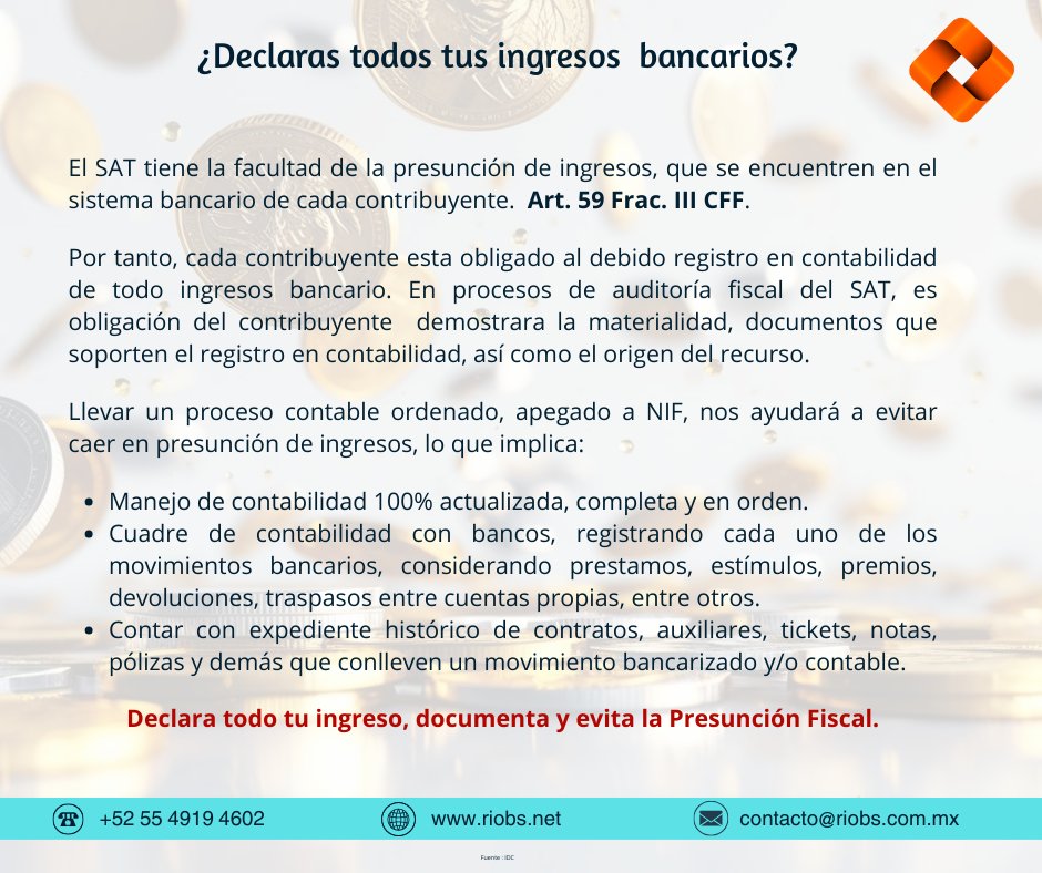 RioBSolutions's tweet image. La presunción de ingresos intencionalmente, puede ser considerado evasión fiscal. Declara y registra en contabilidad todos tus ingresos bancarios. 
#presunciónfiscal #DeclaracionesFiscales #evasiónfiscal #impuestos #impuestosfederales #contribucionesfiscales #pymes #negocios