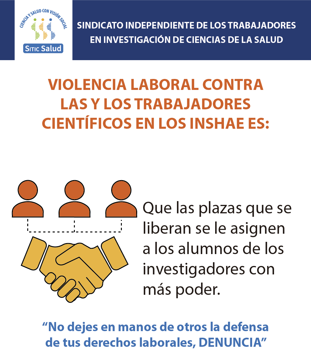 📢#Violencia laboral contra los #trabajadores científicos #INSHAE es:

Que las plazas que se liberan se le asignen a los alumnos de los investigadores con más poder 🚩🚩🚩🚩🚩