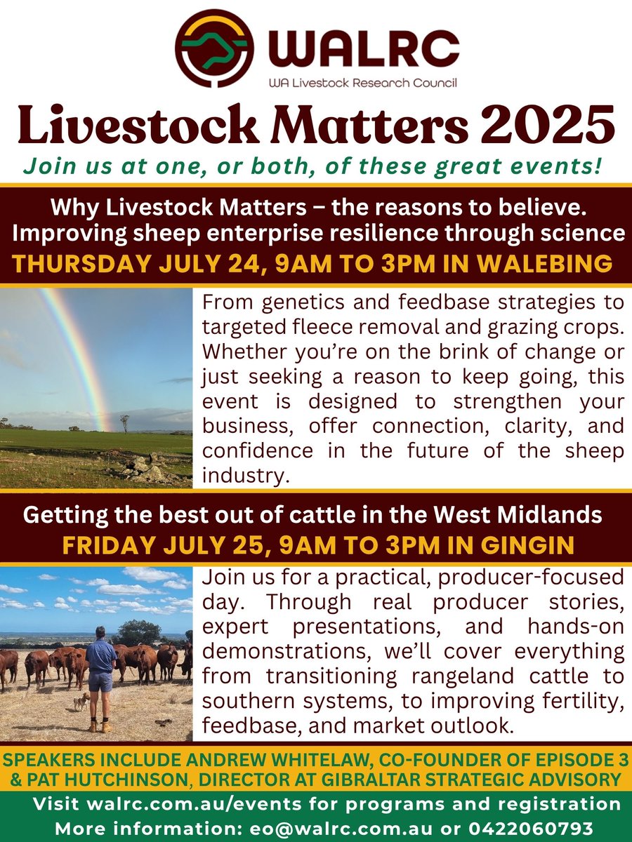 WALRC1's tweet image. Just over 1 week to go &amp;amp; registrations are rolling in! Don’t miss your chance to be part of the action at our 2025 Livestock Matters forums. We have two jam-packed programs full of industry leaders, fresh ideas &amp;amp; practical insights. Register here walrc.com.au/events/