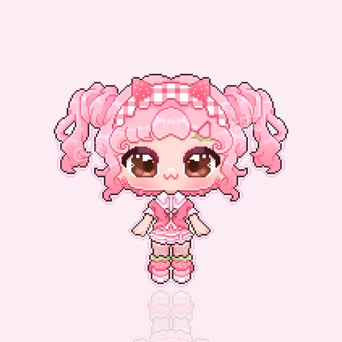 looking for a new home for my strawberry girl! :3 also comes w a free pixel chibi art of her! $40 and all rights are included! 

visit my vgen (🔗 below) to adopt this babie 👇