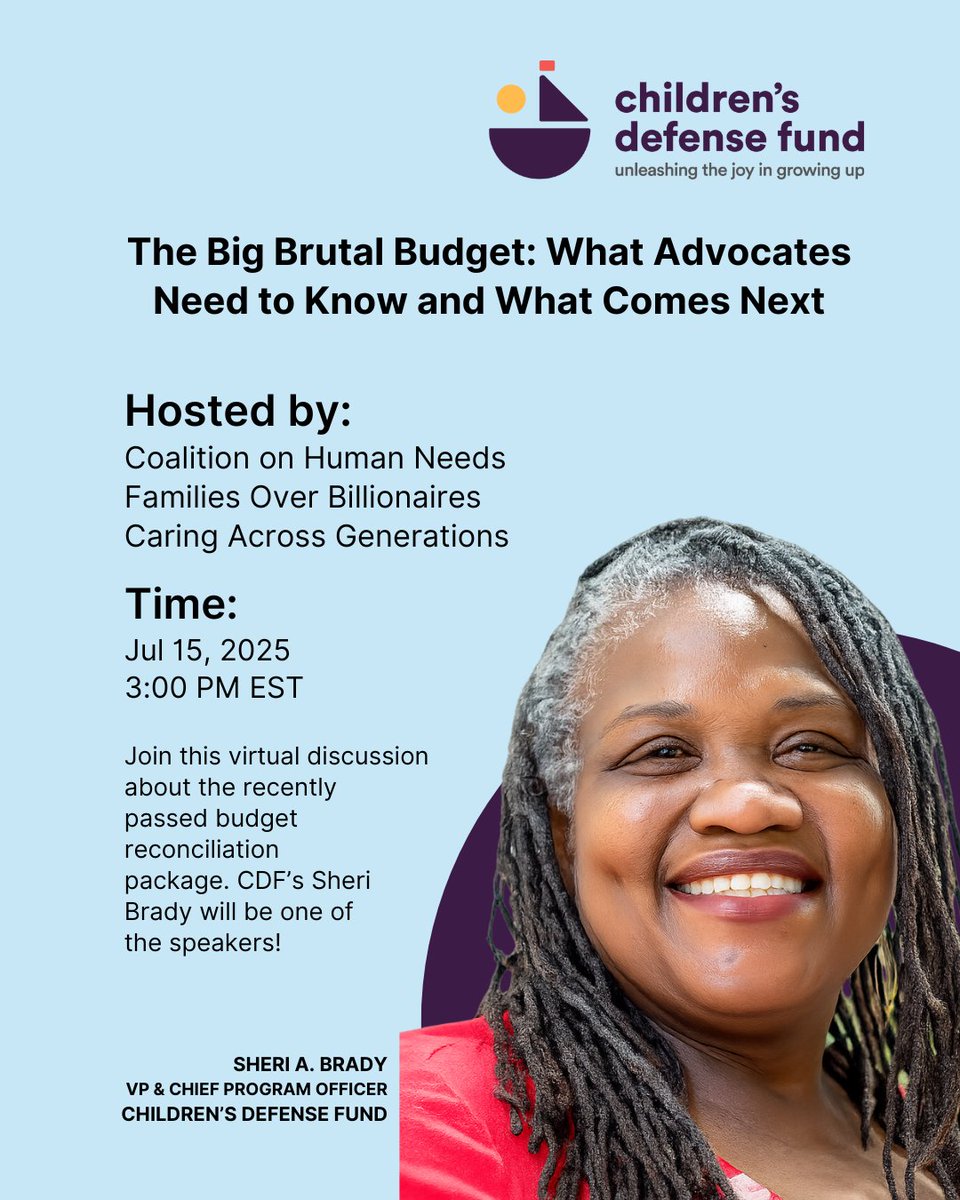 ChildDefender's tweet image. Tomorrow, CDF's Sheri Brady joins @Voice4HumanNeed, @TaxWarRoom, and @CaringAcrossGen to discuss the recently passed budget reconciliation bill and the harsh impacts it will have on children and young people. Register now to join this important discussion: bit.ly/40Fn1h5
