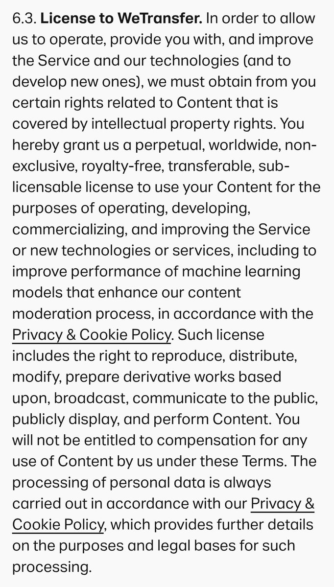 WeTransfer terms and services now including owning everything we transfer lol.