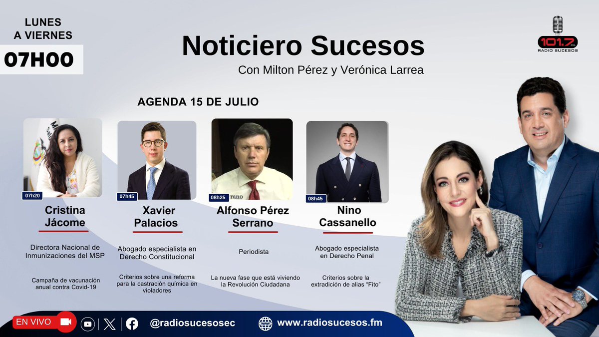 Radio Sucesos Ecuador (@radiosucesosec) on Twitter photo 📆 Agenda | de 15 de julio
Desde las 07h00 en #NoticieroSucesos junto a <a href="/miltonperezshTA/">Milton Pérez Shemesh</a> y <a href="/verocha16/">Vero Larrea</a> analizamos temas de interés con:
1️⃣ Cristina Jácome
2️⃣ Xavier Palacios <a href="/XPalaciosA/">Xavier Palacios</a>
3️⃣ Alfonso Pérez Serrano <a href="/alperezs/">Alfonso Pérez Serrano</a>
4️⃣ Nino Cassanello <a href="/NinoCassanello/">Nino Cassanello</a>
📻101.7FM 📆 Agenda | de 15 de julio
Desde las 07h00 en #NoticieroSucesos junto a <a href="/miltonperezshTA/">Milton Pérez Shemesh</a> y <a href="/verocha16/">Vero Larrea</a> analizamos temas de interés con:
1️⃣ Cristina Jácome
2️⃣ Xavier Palacios <a href="/XPalaciosA/">Xavier Palacios</a>
3️⃣ Alfonso Pérez Serrano <a href="/alperezs/">Alfonso Pérez Serrano</a>
4️⃣ Nino Cassanello <a href="/NinoCassanello/">Nino Cassanello</a>
📻101.7FM