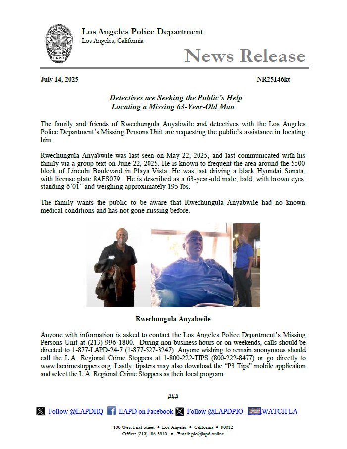 LAPD News: Detectives Seek Publics Help Locating Missing 63-Year-Old Man