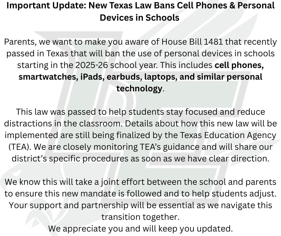 Important Update: New Texas Law Bans Cell Phones &amp; Personal Devices in Schools