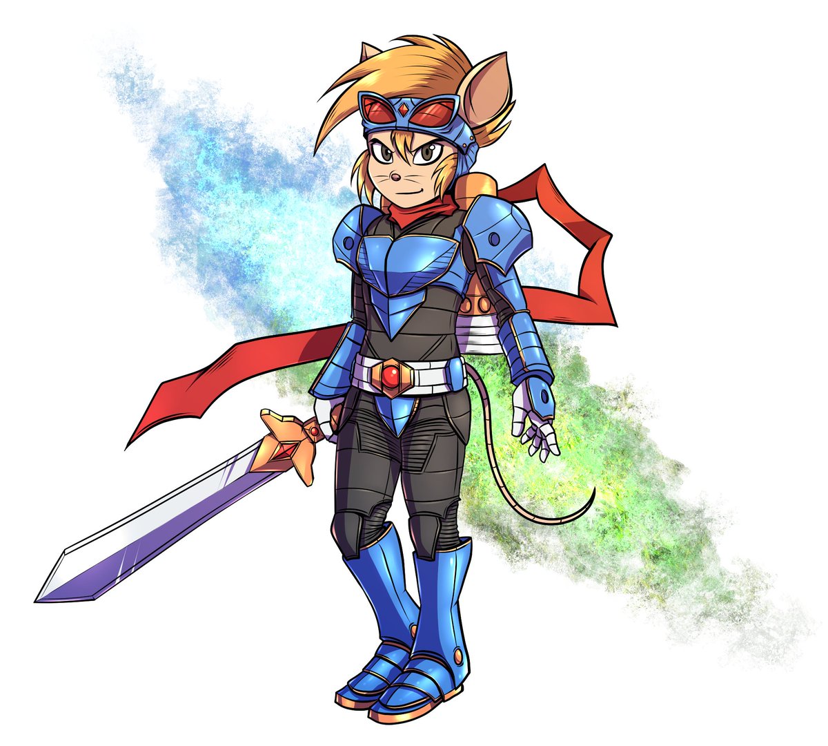 This is my original Tokusatsu-style redesign of Sparkster from Rocket Knight Adventures, with a look inspired by Japanese super heroes like Kamen Rider! RKA was one of my favorite games growing up, and had SO much fun with this piece!! 😊

#fanart #konami #rocketknightadventures