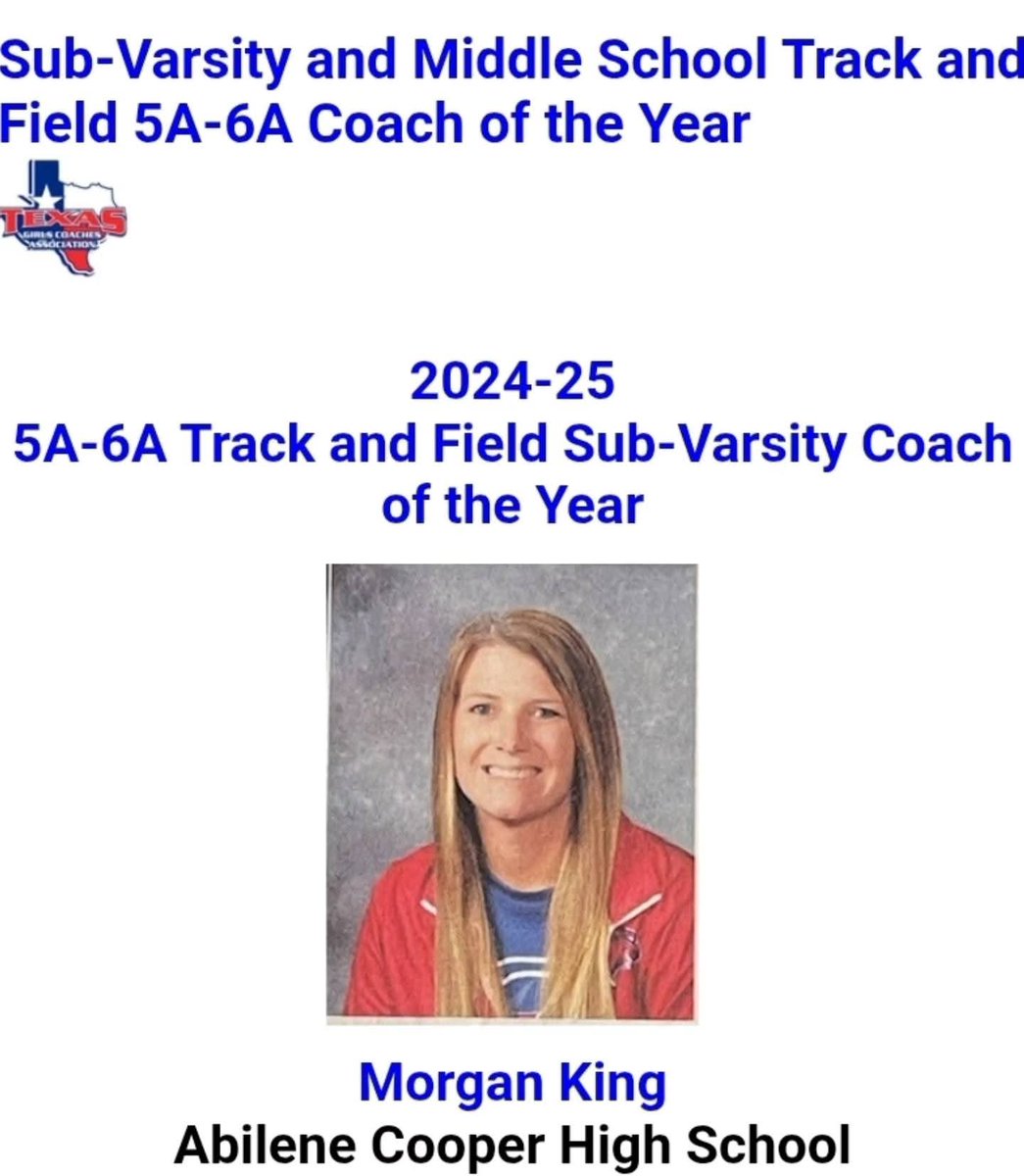 coogsxctf's tweet image. Congratulations to Coach Morgan King who is being honored tonight at the 2025 Texas Girls Coaches Association Honor Awards Banquet as the 5A-6A Track &amp;amp; Field Sub-Varsity Coach of the Year! 💙❤️