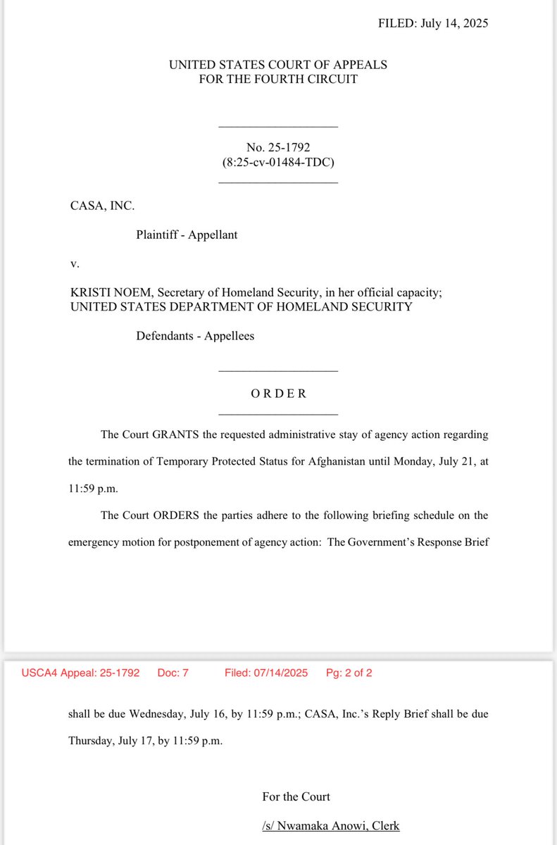 Young25Tim's tweet image. UPDATE ON TPS FOR AFGHANISTAN:
The Fourth Circuit Court of Appeals just issued an administrative stay for 7 days — blocking the termination of protections against deportation that was slated to take effect at midnight.
The fate of ~11,700 Afghan allies hangs in the balance.
