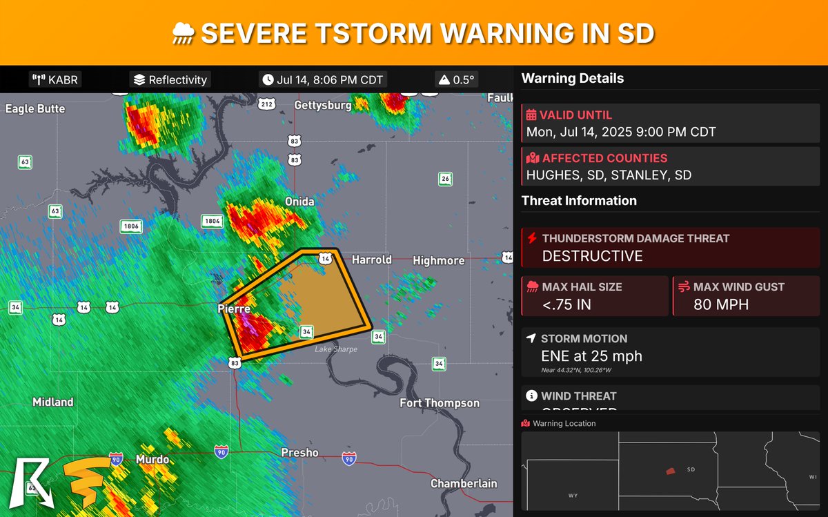 South Dakota Severe Thunderstorm Warning: DESTRUCTIVE storm with OBSERVED 80 mph wind gusts near Pierre, moving east at 25 mph, affecting Southeastern Stanley &amp; Northern Hughes Counties. Flying debris, heavy damage to homes/vehicles, power outages likely. SEEK SHELTER NOW in a
