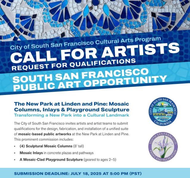 SSF Parks & Recreation (@ssfparksandrec) on Twitter photo 🎨 Attention artists! There’s still time to be part of something special in #SSF.
We’re looking for artists or artist teams to design mosaic-based public artworks for the New Park at Linden & Pine:
🕐 Deadline: 7/18 at 5 PM (PST)
📌 Submit: artist.callforentry.org/festivals_uniq…
<a href="/CityofSSF/">South San Francisco</a> 🎨 Attention artists! There’s still time to be part of something special in #SSF.
We’re looking for artists or artist teams to design mosaic-based public artworks for the New Park at Linden & Pine:
🕐 Deadline: 7/18 at 5 PM (PST)
📌 Submit: artist.callforentry.org/festivals_uniq…
<a href="/CityofSSF/">South San Francisco</a>
