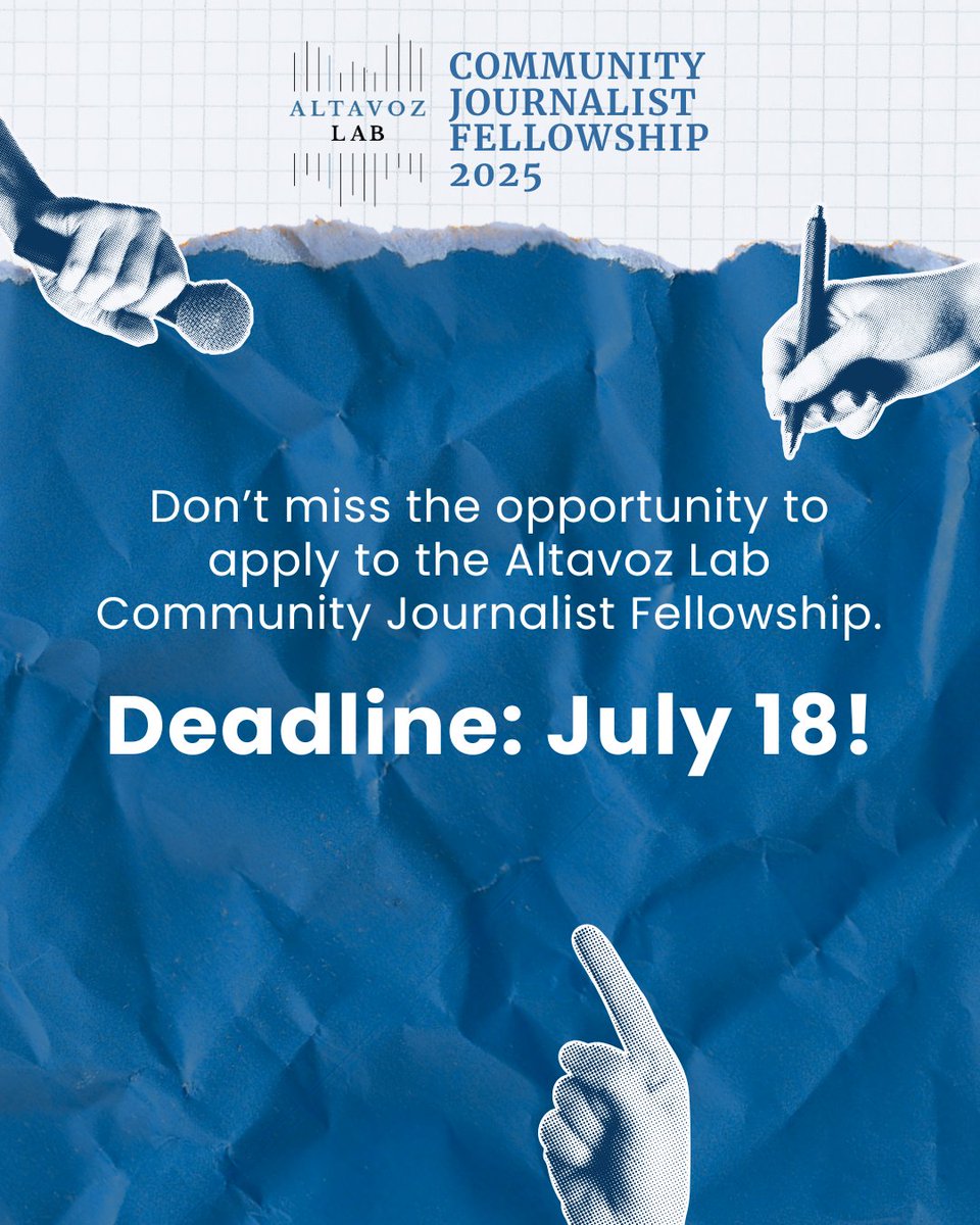 Altavoz_Lab's tweet image. 🚨 FINAL HOURS!
⏳ Deadline to apply for the Altavoz Lab Fellowship is July 18
📰 Up to $8K for your reporting
🤝 Mentorship, editorial & engagement support
Apply now: altavozlab.com/community-jour…
#JournalismSupport #DeadlineReminder