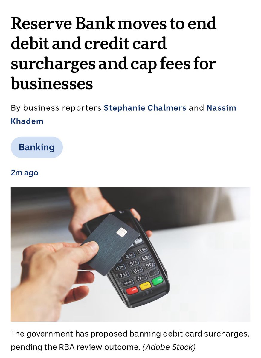 Never happen under an LNP government! 

“Reserve Bank moves to end debit and credit card surcharges and cap fees for businesses”
