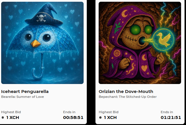 🧵 LIVE AUCTIONS on Mintgarden: TWO STITCHED LEGENDS 🧵
💙❄️ Iceheart Penguarella
⏳ Ends in: ~58m
From Bearrella: Summer of Love — a frozen flame of stitched devotion, melting hearts beneath an umbrella of icy wonder.
mintgarden.io/collections/be…

🟣✨ Orizian the Dove-Mouth
⏳ Ends