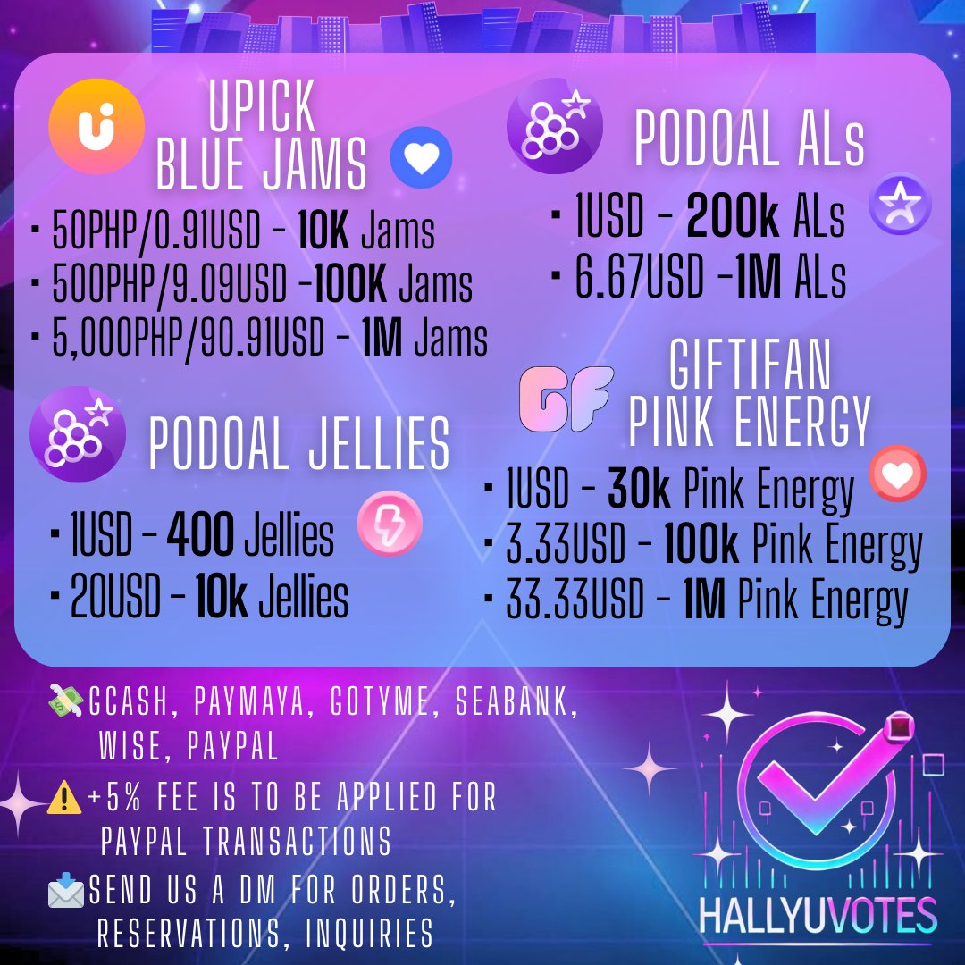 HallyuVTs's tweet image. 📣WTS/LFB K-POP VOTES
PODOAL: ALs💜 & Jellies 🩷
UPick: Blue Jams💙
GIFTIFAN: Pink Energy🩷
📩DM: Order/Reservations/Inquiries
🏷️WTS LFB K-POP KPOP VOTES UPICK BLUE JAMS PODOAL ALS JELLIES GIFTIFAN PINK ENERGIES