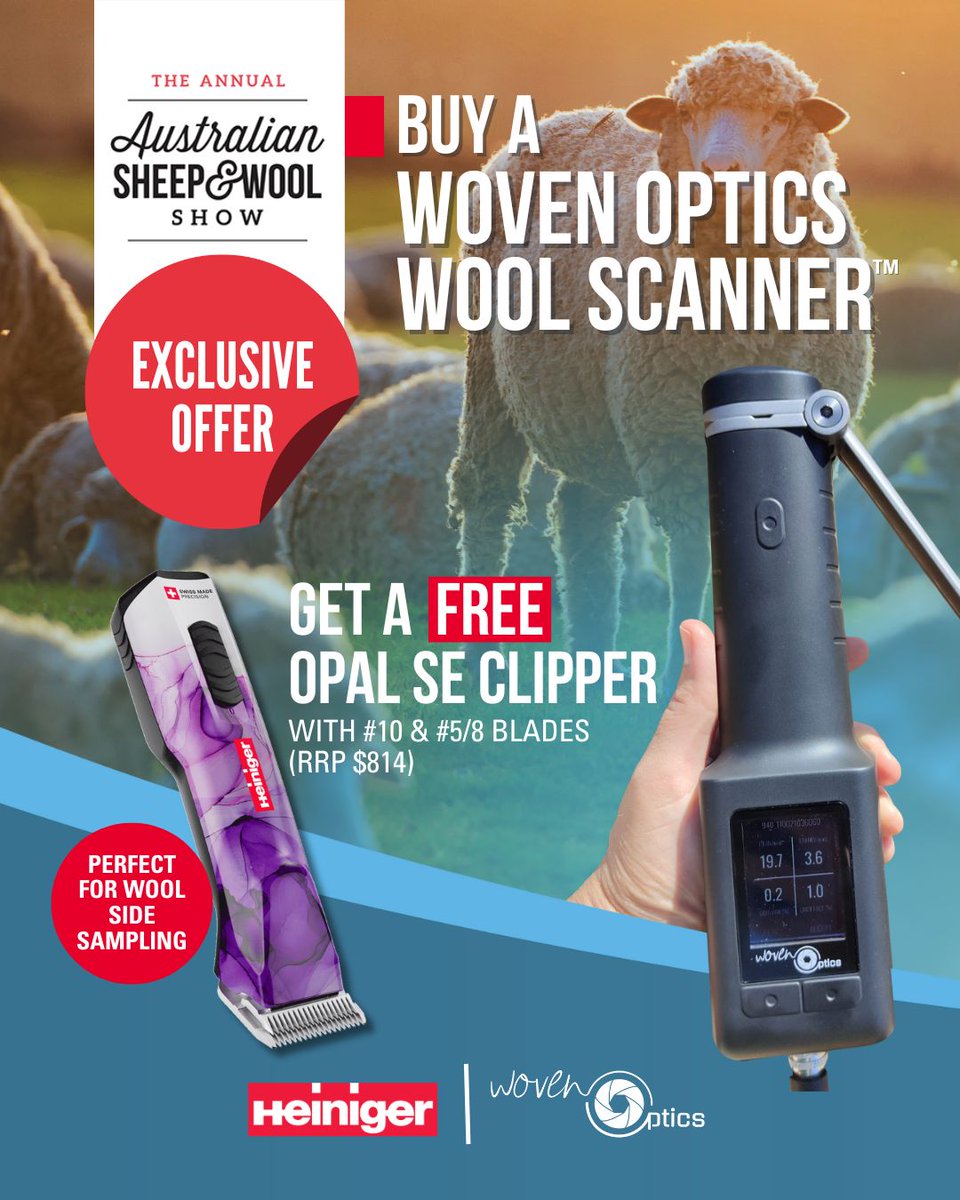 WovenOptics's tweet photo. 🚨 Exciting announcement 📣

Only 4 days to go before the Australian Sheep and Wool Show in #Bendigo and we have partnered with Heiniger Australia &amp; New Zealand to bring you this awesome show special! https://t.co/gT46mAoJbp