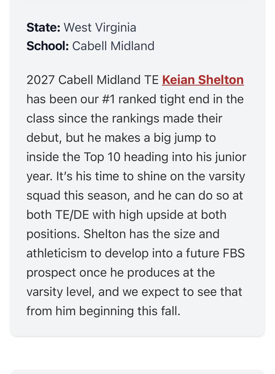 Keian Shelton (@keianshelton) on Twitter photo Appreciate <a href="/PrepRedzoneWV/">Prep Redzone West Virginia</a> for the ranking and the write up!
<a href="/CABELLFOOTBALL/">MIDLAND FOOTBALL</a> <a href="/FettyEric/">Coach Fetty</a> <a href="/CoachNiebsCMHS/">Hunter Niebergall</a> <a href="/cballengee20/">Cody Ballengee</a> <a href="/xbradleyjeffrey/">Bradley Jeffrey</a> <a href="/GunterBrewer/">Gunter Brewer</a> <a href="/CoachTonyGibson/">Tony Gibson</a> <a href="/coachbrentdavis/">Coach Brent Davis</a> <a href="/MikeDenbrock/">Mike Denbrock</a> <a href="/CoachObly/">Kyle Obly</a> <a href="/CoachDerekShay/">Derek Shay</a> Appreciate <a href="/PrepRedzoneWV/">Prep Redzone West Virginia</a> for the ranking and the write up!
<a href="/CABELLFOOTBALL/">MIDLAND FOOTBALL</a> <a href="/FettyEric/">Coach Fetty</a> <a href="/CoachNiebsCMHS/">Hunter Niebergall</a> <a href="/cballengee20/">Cody Ballengee</a> <a href="/xbradleyjeffrey/">Bradley Jeffrey</a> <a href="/GunterBrewer/">Gunter Brewer</a> <a href="/CoachTonyGibson/">Tony Gibson</a> <a href="/coachbrentdavis/">Coach Brent Davis</a> <a href="/MikeDenbrock/">Mike Denbrock</a> <a href="/CoachObly/">Kyle Obly</a> <a href="/CoachDerekShay/">Derek Shay</a>