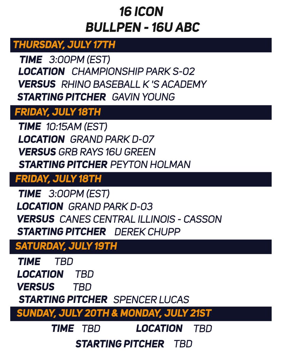 Rawlings Tigers ICON will be traveling to Indianapolis to compete in the Bullpen - ABC 16U American Baseball Championship this coming week. Here is the schedule and starting pitching rotation.
