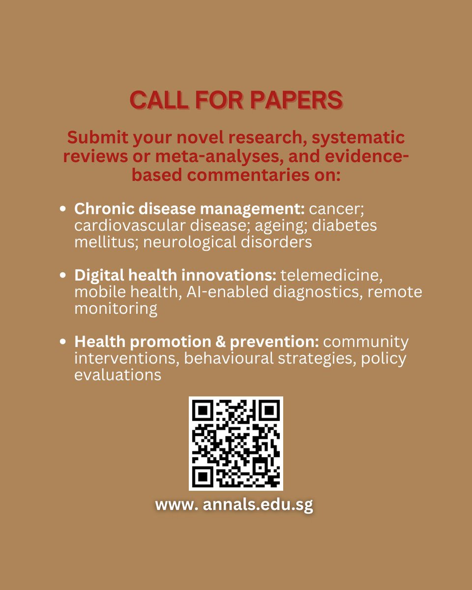 Calling all researchers! 
The Annals, Academy of Medicine Singapore invites submissions on chronic disease, digital health, &amp; health promotion. Share your novel research, systematic reviews, &amp; commentaries witha  wider audience.
annals.edu.sg/#callforpapers 
#GeneralMedicine