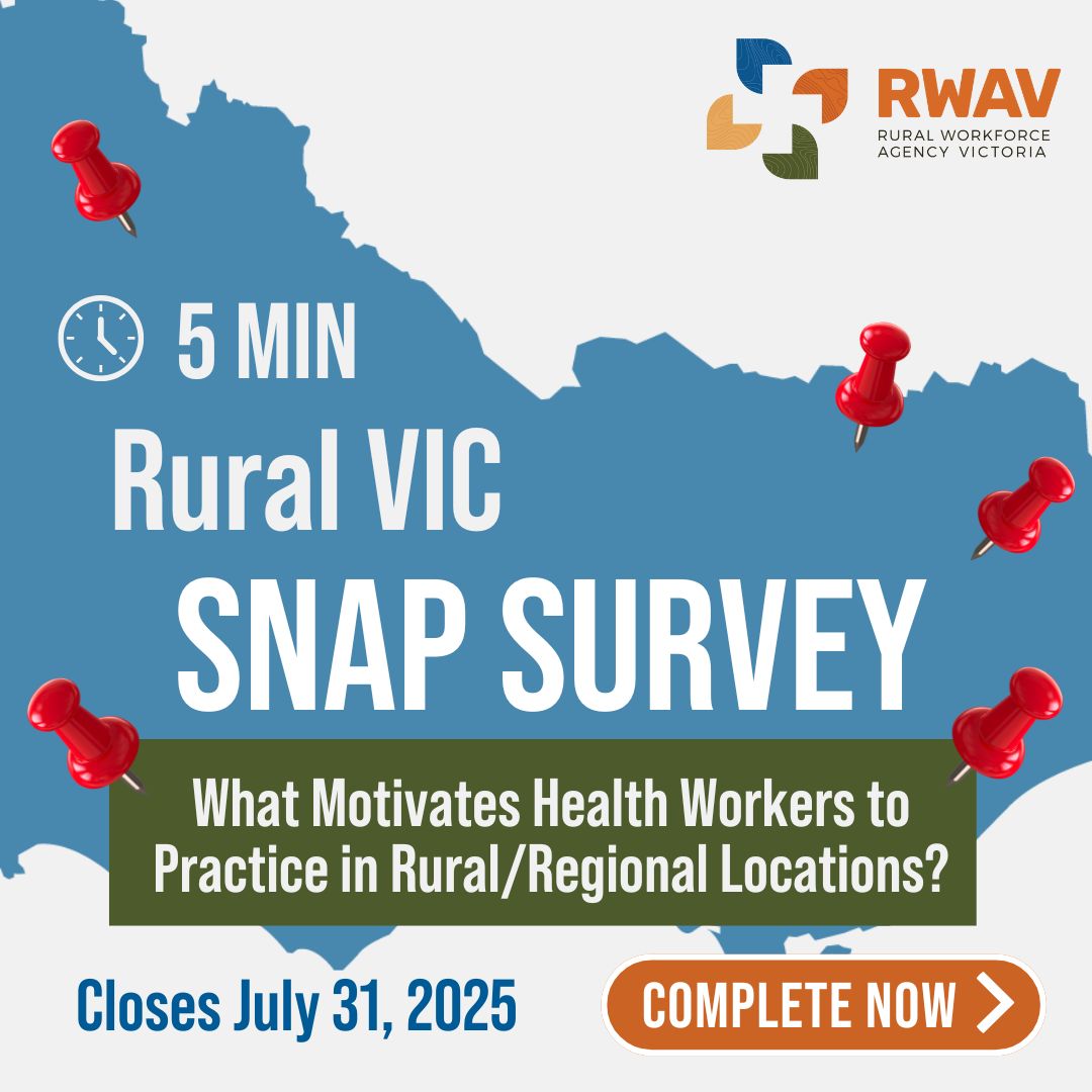 Your experience matters. Whether you've worked in rural Victoria for years or recently made the move, your insights can help shape how we support and retain health professionals across the state. 
Complete the Survey now: bit.ly/44p1gCT 

 #RuralHealth