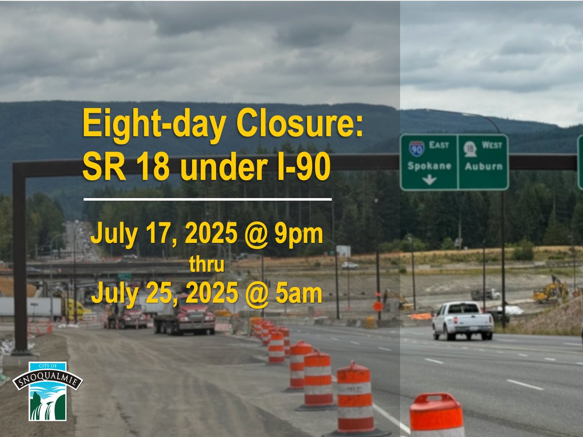 We're  in the home stretch to a new 90/18 interchange. With that comes a good news/bad news situation. Good news: After 20 months of construction, the DDI interchange opens 7/25.  Bad news: a multi-day closure of 18 under I-90 to endure.  
snoqualmiewa.gov/CivicAlerts.as…