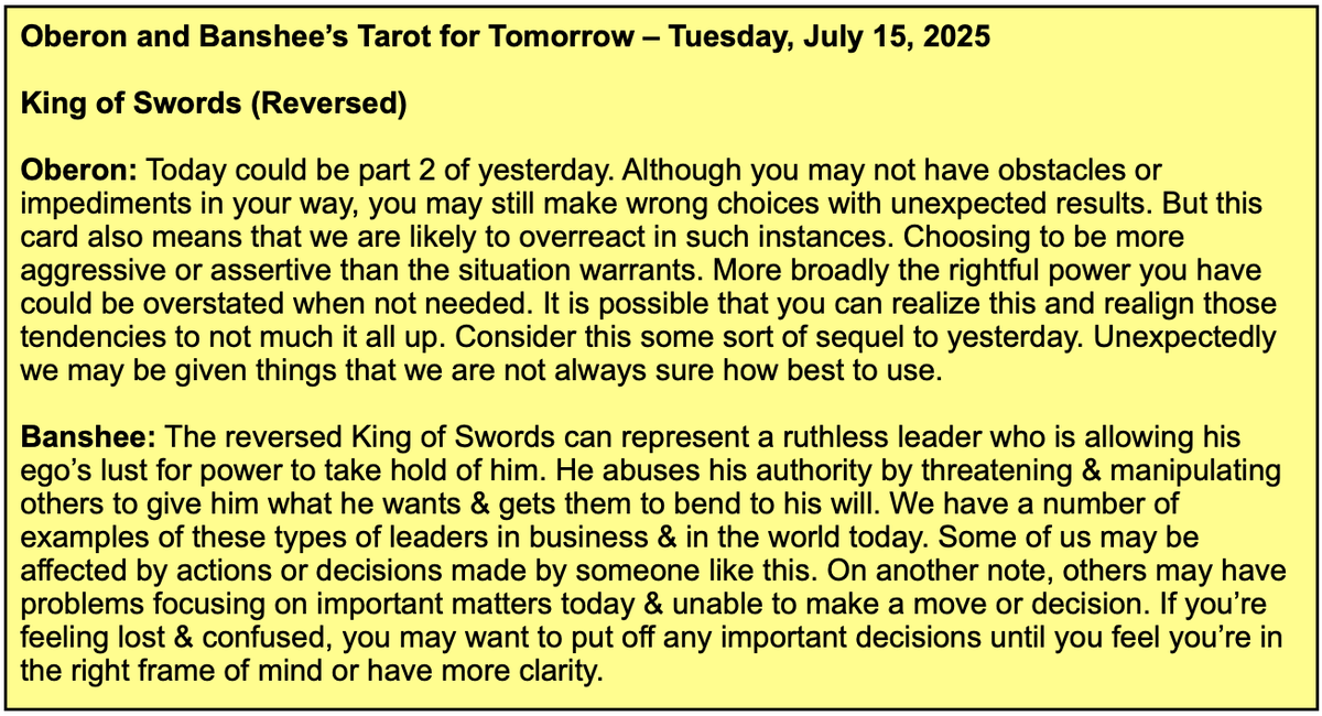 Hi everyone! The King of Swords, reversed is bringing an intense energy that may put us on edge. Try to keep your cool despite what the day may throw your way. Here’s the Tarot for Tomorrow, Tuesday, July 15, 2025. #tarot #dailytarot #TarotReading