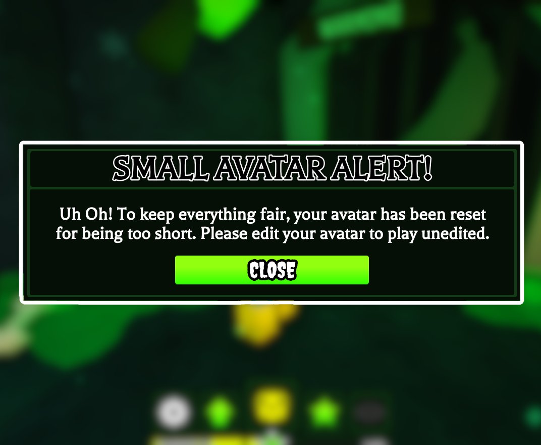 RyCitrus's tweet photo. In Saturday's update, SUPER SMALL AVATARS WILL BE UNALLOWED!!

This still allows for some small or skinny avatars, but hitboxes have a new minimum size.

This feature will also be disabled for VIP servers, so you can continue reigning terror as tiny rats with your friends!🧡 https://t.co/zsVERIOmN8