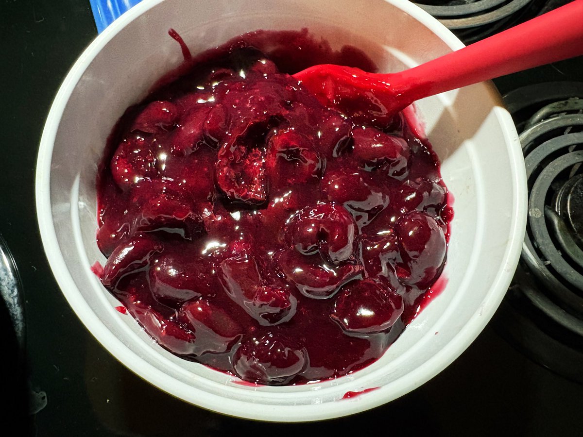 Homemade cherry pie filling for the turnovers tomorrow made with local cherries &amp; honey :) Totally worth the stained fingers from pitting them!
