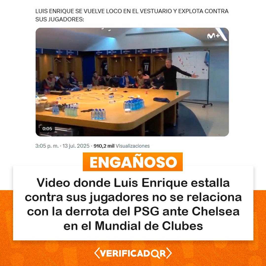 🔍 Un video viral es asociado con una charla de Luis Enrique durante el descanso del partido entre PSG y Chelsea, por la final del Mundial de Clubes. No obstante, corresponde al duelo entre PSG y Real Sociedad, jugado en febrero de 2024.

👉 Nota completa: bit.ly/4kGSXIZ