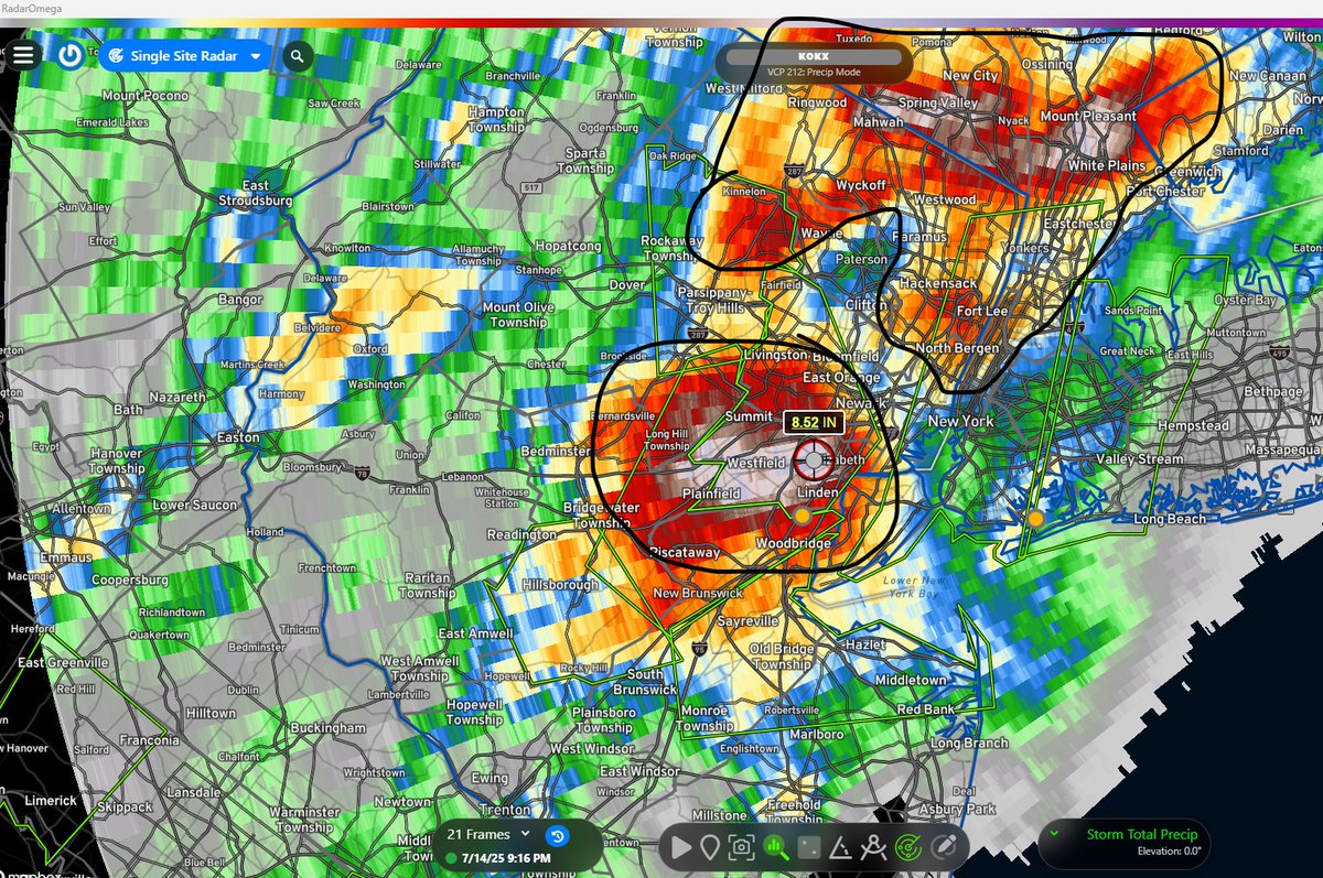 These black highlighted areas all saw at &gt;=3" of rain with up to 7-8½ rain (white shades) in a short period of time, especially the northern half of NJ and from Manhattan north into Westchester &amp; Orange counties, NY.

These areas are where the worst flash flooding is occurring!