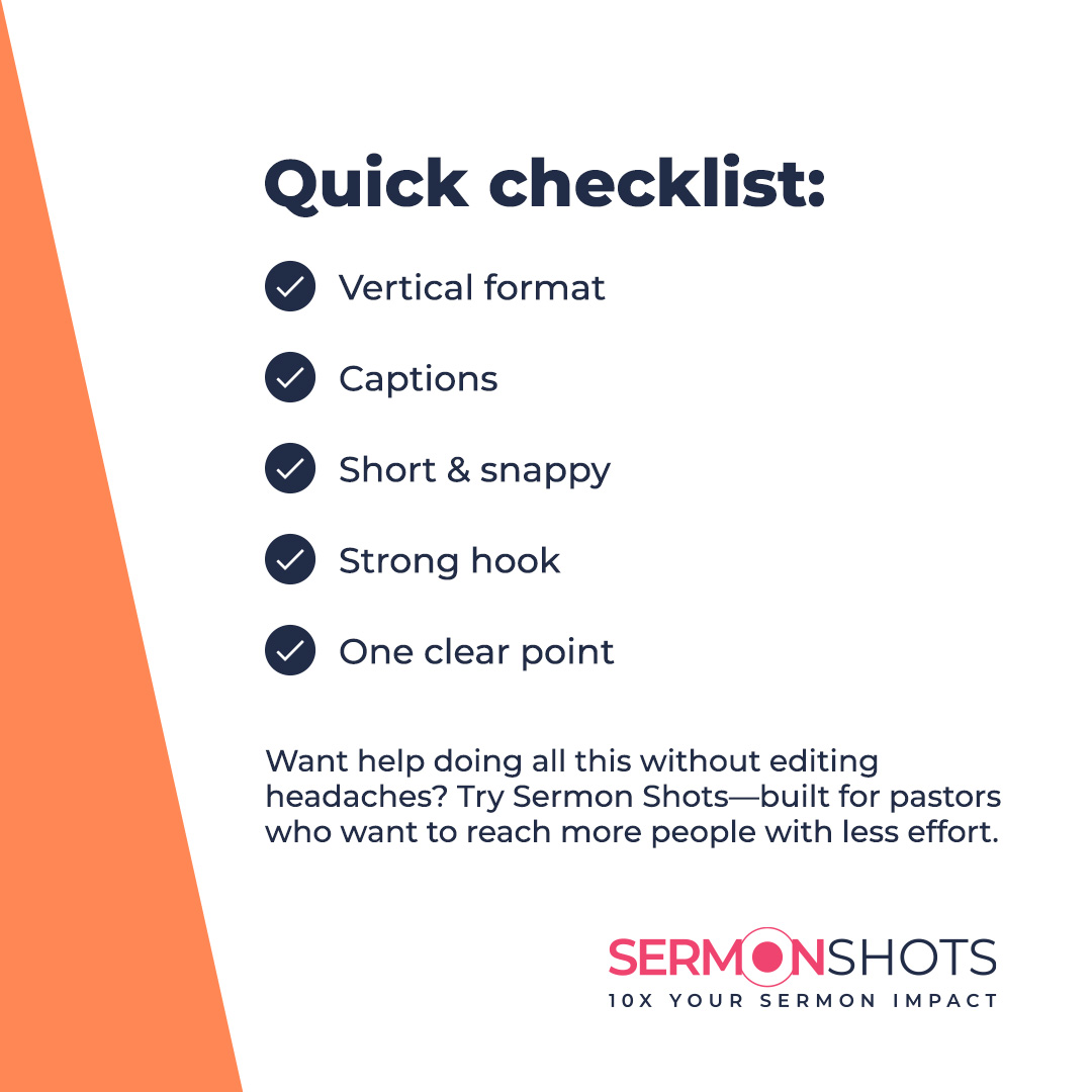SermonShots's tweet image. Want to improve your church videos fast?
Try these 5 tips:
📱 Go vertical
💬 Add captions
⏱ Keep it short
🎯 Start strong
🔑 Make one clear point
Simple tweaks can boost your reach.
Try Sermon Shots to make it easy.
#SermonClips #ChurchMedia #MinistryTools
