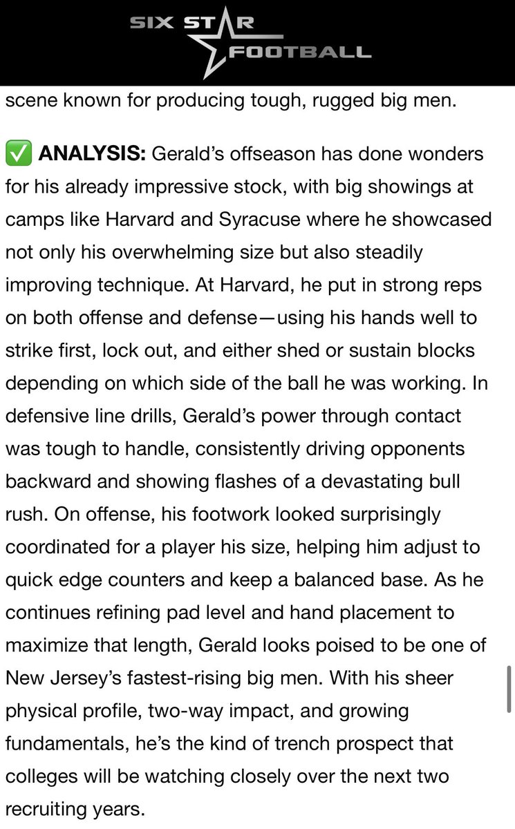 Anthony Gerald (@anthonyigerald) on Twitter photo Incredibly grateful for the feature by <a href="/sixstarfootball/">Six Star Football | PLUS+</a> on my performance at Harvard’s football camp on both OL & DL! Getting better everyday.
Major thank you to the Crimson fam for the invite, coaching and leadership.
<a href="/Coach_Aurich/">Andrew Aurich</a> <a href="/MicFein/">Mickey Fein</a> <a href="/Ryan_Kalukin/">Ryan Kalukin</a> <a href="/Coach_Johnson76/">Logan Johnson</a> Incredibly grateful for the feature by <a href="/sixstarfootball/">Six Star Football | PLUS+</a> on my performance at Harvard’s football camp on both OL & DL! Getting better everyday.
Major thank you to the Crimson fam for the invite, coaching and leadership.
<a href="/Coach_Aurich/">Andrew Aurich</a> <a href="/MicFein/">Mickey Fein</a> <a href="/Ryan_Kalukin/">Ryan Kalukin</a> <a href="/Coach_Johnson76/">Logan Johnson</a>