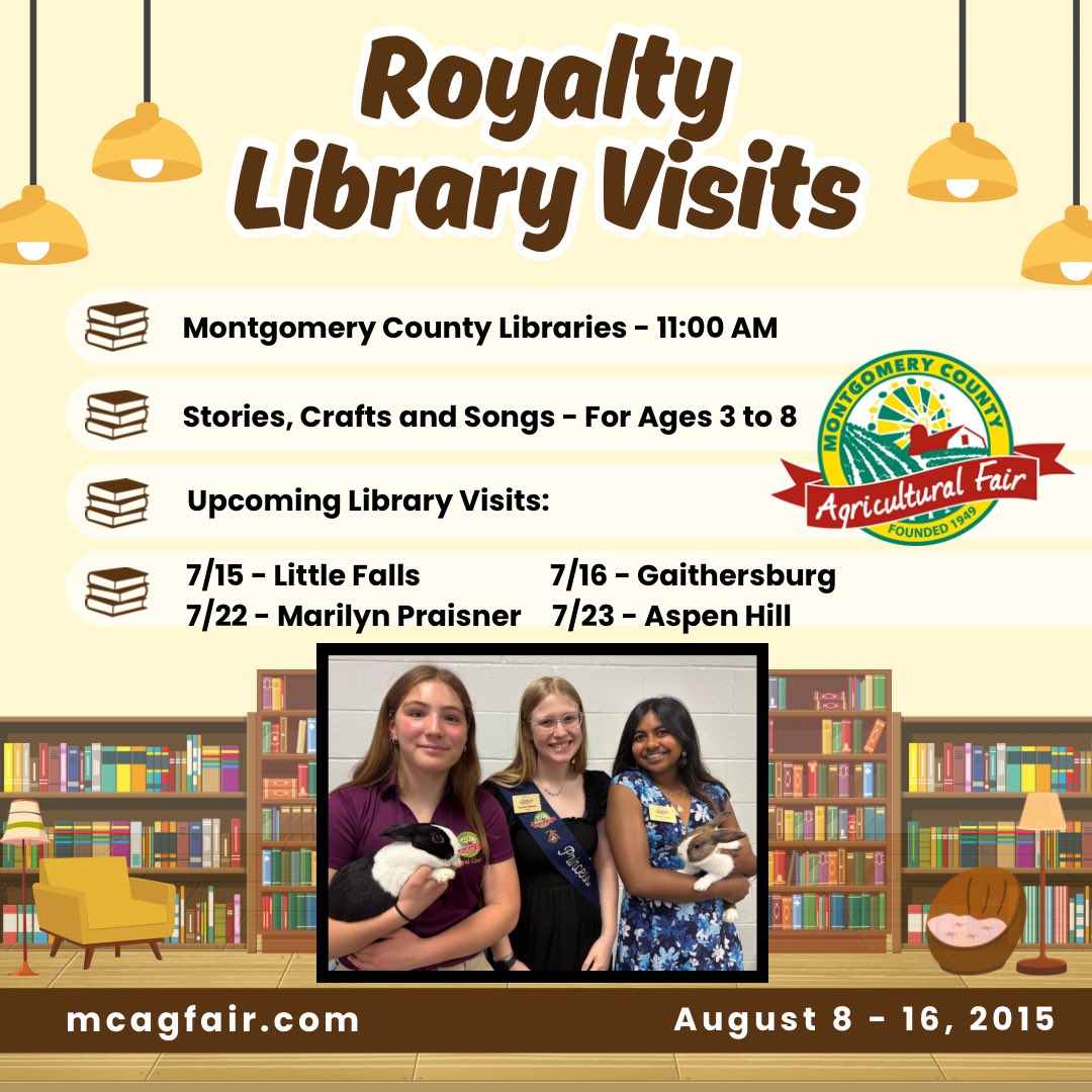 MOCOFAIR's tweet image. 📚👑 Fair Royalty is visiting @MCPL_Libraries and bringing a little fair magic!!
Enjoy stories, songs, crafts & meet our Royalty Court + furry friends! 🐰✨
📅 11AM Library Visits:
Details 👉 mcagfair.com/royalty
#MoCoFair #FairRoyalty #RoyaltyLibraryVisits