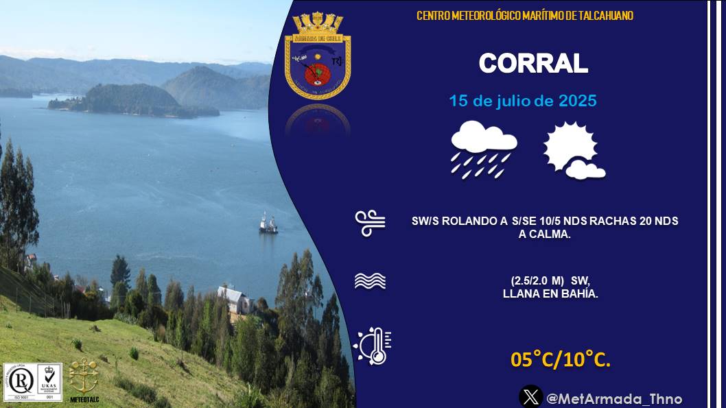 Centro Meteorológico Marítimo de Talcahuano (@metarmada_thno) on Twitter photo Revisa el pronóstico meteorológico del día #martes 15 de #JULIO para #Constitución #Talcahuano #Lebu #Corral
meteoarmada.directemar.cl/site/pronostic…
<a href="/RedMeteoA/">Red MeteoAficionada</a>
<a href="/gorebiobio/">Gobierno Regional del Biobío</a>
<a href="/TVUNoticias/">TVU Noticias</a>
<a href="/Sernatur/">Sernatur</a>
@imconstitucion
@Meteo_valdivia
<a href="/maritgobvld/">Gobernación Marítima de Valdivia</a>
<a href="/gm_talcahuano/">Gobernación Marítima de Talcahuano</a>
@servimet_armada Revisa el pronóstico meteorológico del día #martes 15 de #JULIO para #Constitución #Talcahuano #Lebu #Corral
meteoarmada.directemar.cl/site/pronostic…
<a href="/RedMeteoA/">Red MeteoAficionada</a>
<a href="/gorebiobio/">Gobierno Regional del Biobío</a>
<a href="/TVUNoticias/">TVU Noticias</a>
<a href="/Sernatur/">Sernatur</a>
@imconstitucion
@Meteo_valdivia
<a href="/maritgobvld/">Gobernación Marítima de Valdivia</a>
<a href="/gm_talcahuano/">Gobernación Marítima de Talcahuano</a>
@servimet_armada