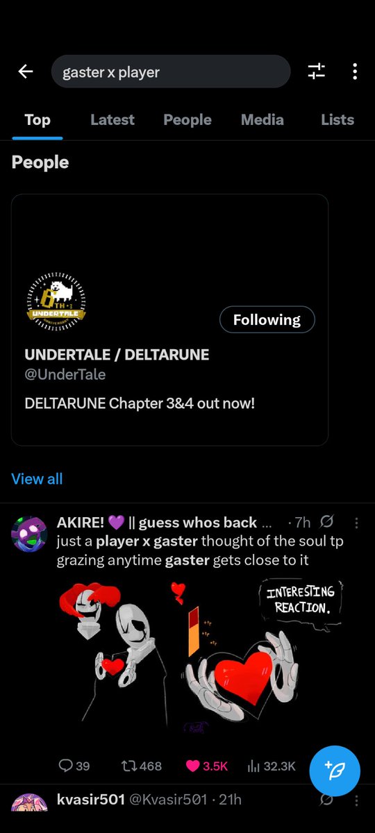 Dragofangs's tweet image. Did y&apos;all know if you look up Gaster x Player only the official Undertale/Deltarune account pops up under people? But if you search only Gaster a bunch of other accounts show up but not the Undertale/Deltarune one #corestrings