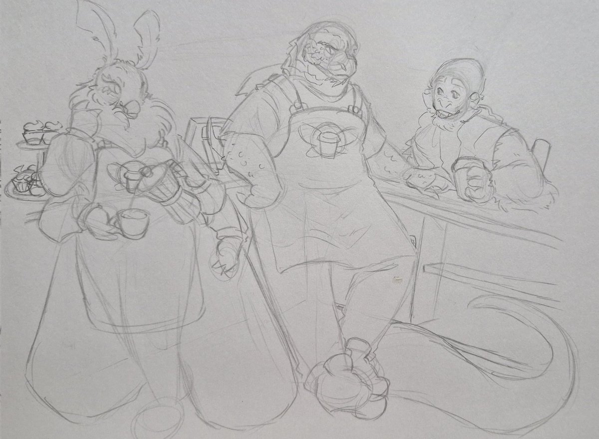 [WIP]
Busy but managed to find sometime today to sketch them
It's been a while, kongzilla coffee shop au 🫡
