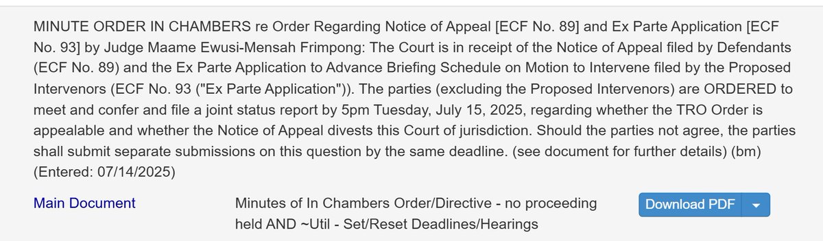 Court that entered order trying to tie hands of ICE orders parties to discuss whether the "TRO" is appealable and whether it divest court of power to continue with case.