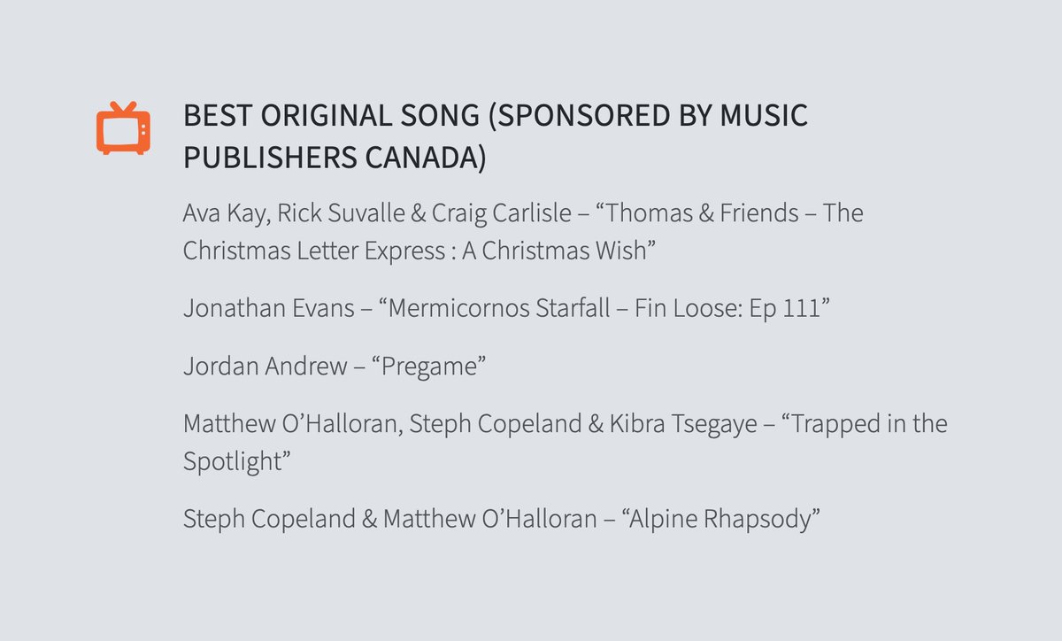 How exciting! I was nominated today (along with Craig Carlisle and Ava Kay) for a Canadian Screen Music Award for writing the song "A Christmas Wish" for Mattel's hour-long special "Thomas &amp; Friends: The Christmas Letter Express" (which I also wrote the teleplay). Congrats team!