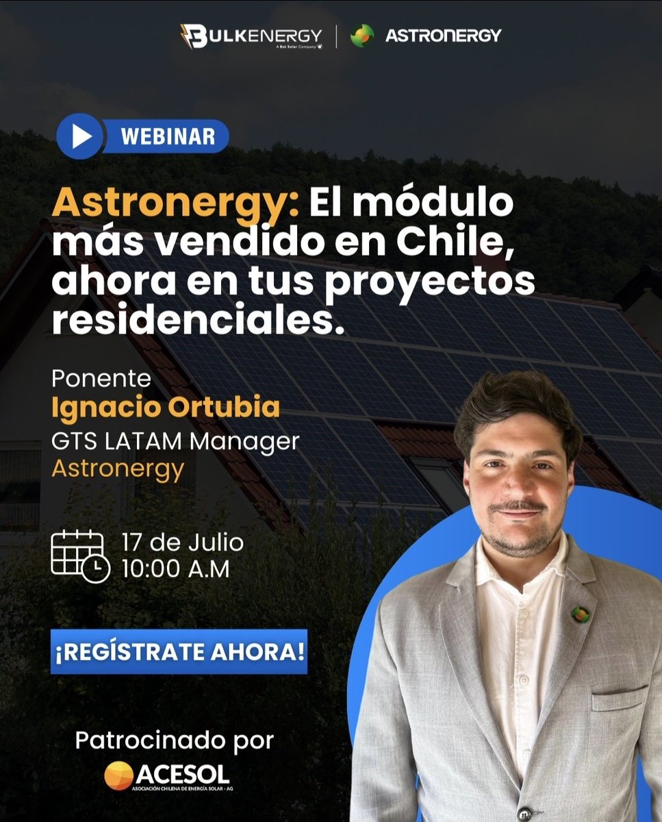 acesol's tweet image. WEBINAR de nuestros socios Bulk Energy con el objetivo de compartir información clave sobre el panel Tier 1 en sector residencial.
📅 Jueves 17 de julio
🕙 10:00 AM (hora Chile)
📍 Inscripción gratuita
🔗 Link de inscripción 👉 events.teams.microsoft.com/event/f10322b7…