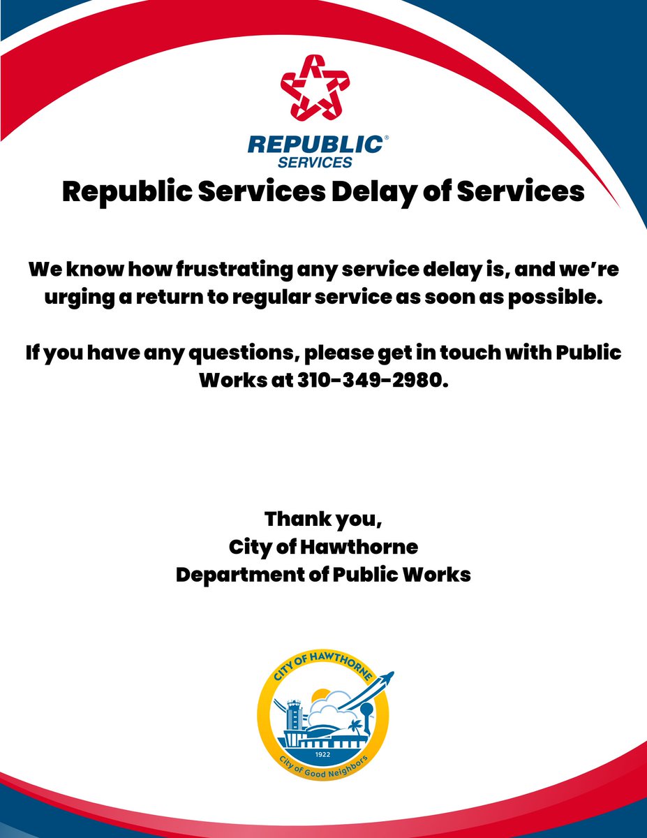 hawthorneCAL's tweet image. Experiencing trash delays from Republic Services? Here's a quick explanation with the current situation, and we hope everything gets back to normal as soon as possible.
Thank you for your understanding with this current situation.
#RepublicServices #trash
