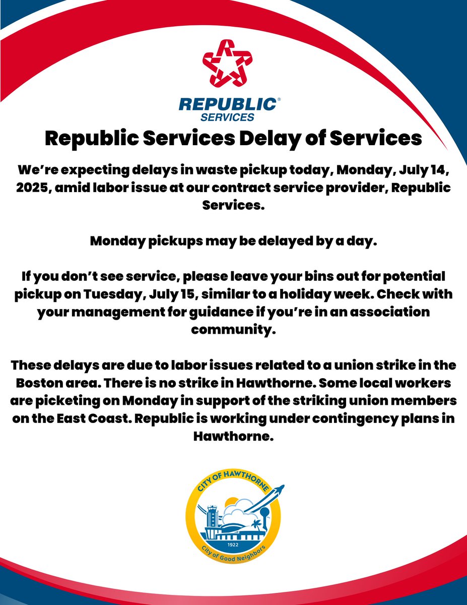 hawthorneCAL's tweet image. Experiencing trash delays from Republic Services? Here's a quick explanation with the current situation, and we hope everything gets back to normal as soon as possible.
Thank you for your understanding with this current situation.
#RepublicServices #trash