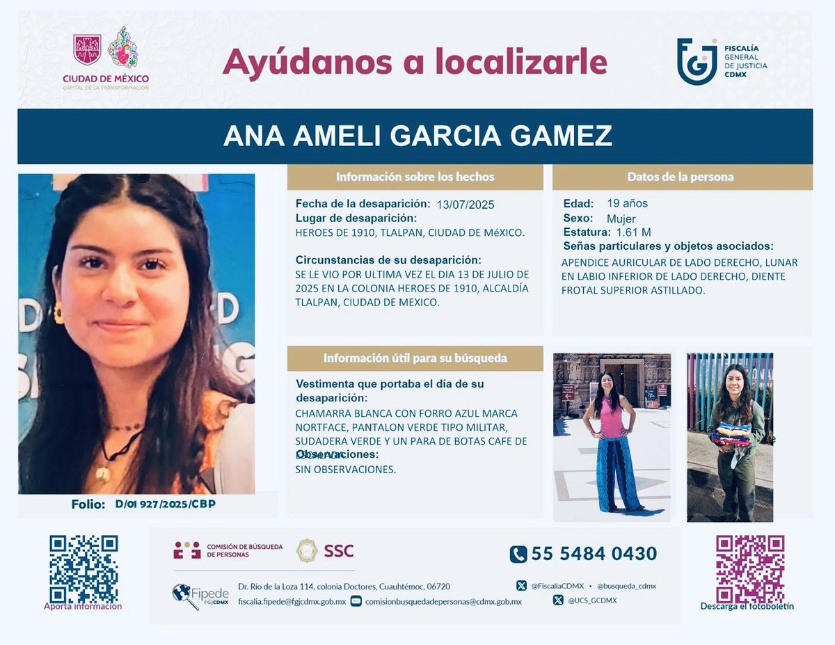 🚨 POR FAVOR AYUDEMOS A LOCALIZARLA‼️
Su nombre es Ana Ameli García Gamez, tiene 19 años, es estudiante de Biología en la UNAM y fue vista por última vez el 13 de julio de 2025 en la zona del Pico del Águila, en la alcaldía Tlalpan, CDMX.
Iba camino al Ajusco y ya no pudieron