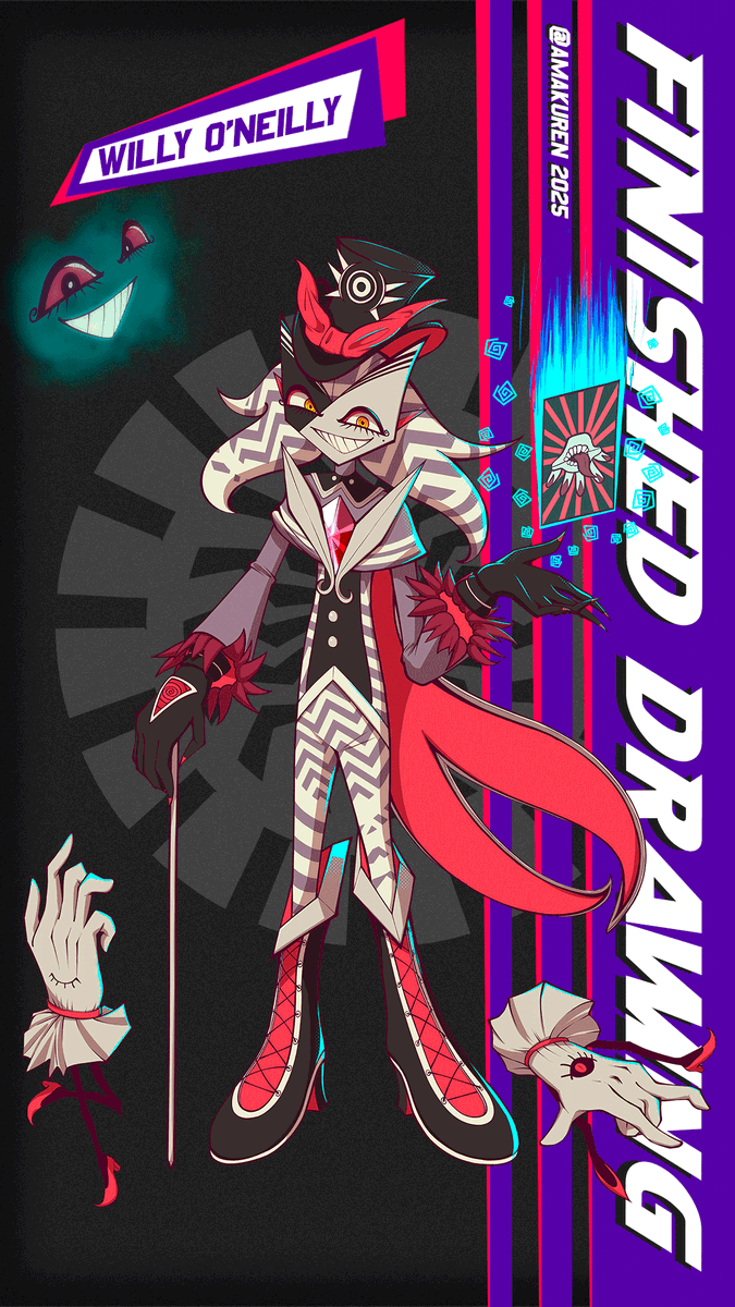 Amakuren's tweet photo. Let's take a look at Willy, another one of the monsters made for my artbook. 

He's a sly dramaturge, always trying to put up a show. Drawing it, I took inspiration from the Mad Hatter character archetype, and character like Alastor from Hazbin Hotel and Princess from DemonDice. For the textures, I tried to implement the same type of razzle-dazzle camouflage used in the ships during WW1.

I hope I managed to convey a bit of his tricky side with those things :)

| #OC | #Monster | #Doodles | #AnimeArt | #Sketches | 
| #CharacterDesign | #anime | #illustration | #Illusoria |
| #conceptart | #artbook | #RPG | #JRPG | #popart | 
| #opart | #Illustration | #amakuren | #mangaart | #wip|
| #Drawing | #digitalart | #artistsontwitter |  #漫画 | 
| #artworks | #conceptart | #コンセプトアート | #特撮 |
| #ダダ | #描きさんと繫がりたたい | #化け物 | #創作  |
| #イルソリア | #イラスト |  #絵描き | #怪獣 | #RKGK |
| #ファンタジー | #無名絵師 | #落書き | #アニメ | 
| #獣イラスト | #絵柄が好みにフォローされたい  |
| #創作クラスタさんと繋がりたい | #オリキャラ |
